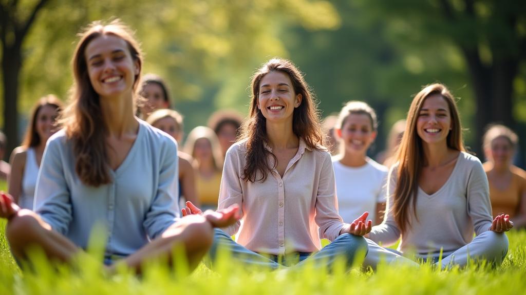 Un groupe de personnes souriantes et diversifiées participant à un atelier de pleine conscience en plein air dans un jardin urbain