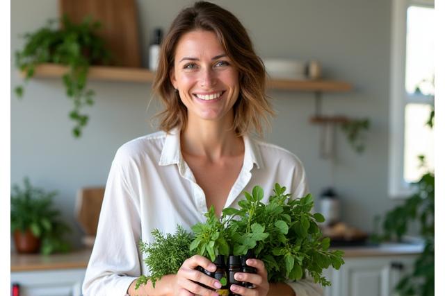 Sophie Garnier, nutritionniste, riant tout en préparant un smoothie détox