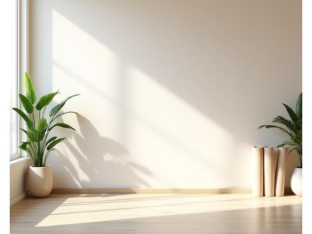Un studio de yoga paisible et lumineux aux couleurs douces, avec des tapis alignés et des plantes vertes