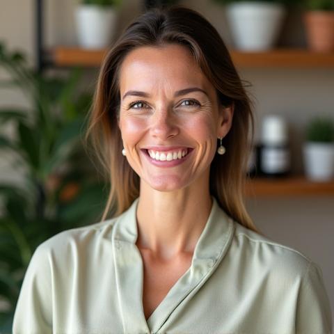 Portrait chaleureux d'une aromathérapeute souriante, entourée de plantes