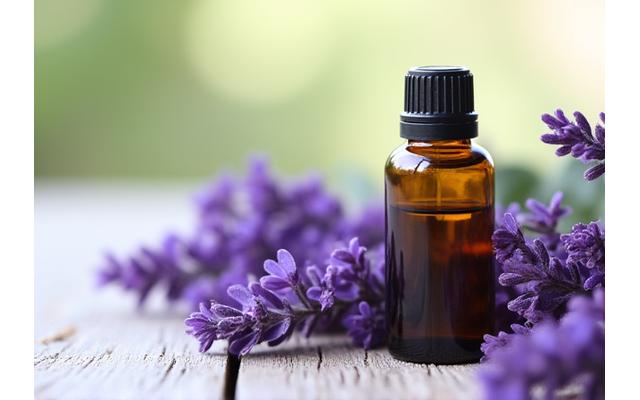 Bouteille d'huile essentielle de lavande entourée de fleurs de lavande