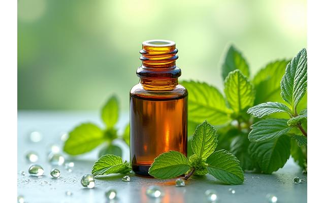 Bouteille d'huile essentielle de menthe poivrée avec feuilles fraîches