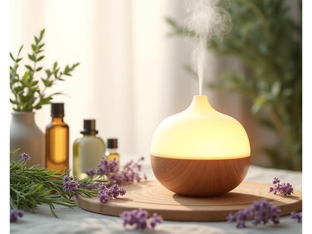 Diffusion d'huiles essentielles dans une ambiance sereine avec des plantes et flacons