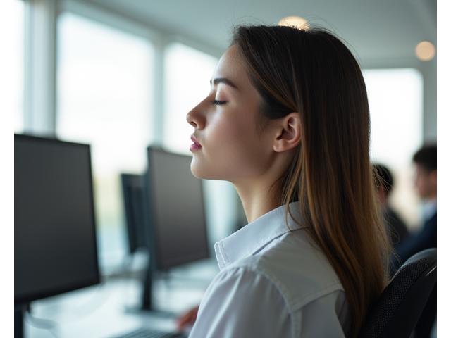 Un employé relaxé pratiquant une micro-méditation devant son ordinateur, illustrant la gestion du stress en milieu de travail.