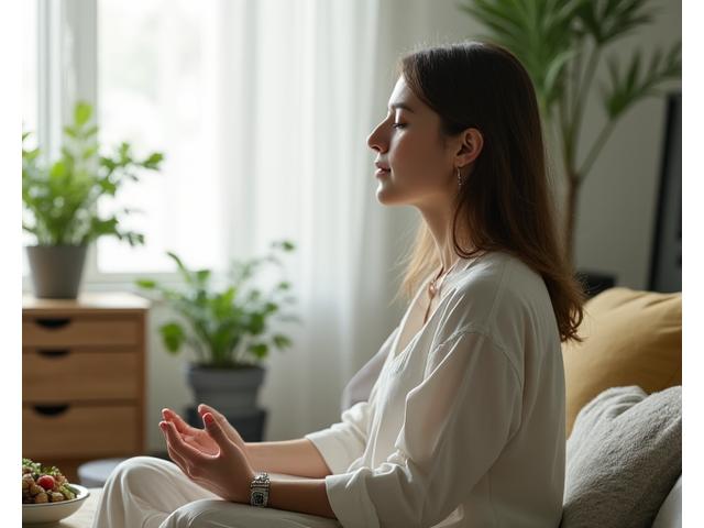 Homme relaxé méditant doucement dans un environnement de bureau moderne mais apaisant, avec des plantes et des éléments boisés, symbolisant la nutrition anti-stress.