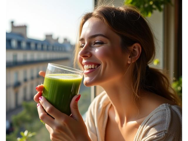 Femme jeune et souriante buvant un smoothie vert frais dans un café parisien lumineux, symbolisant la détox urbaine.