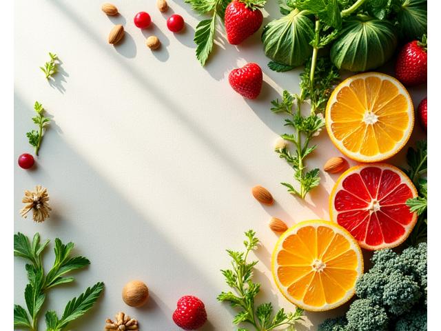 Assortiment coloré de fruits frais, légumes verts, herbes aromatiques et quelques noix sur une nappe en lin clair, symbolisant une alimentation équilibrée et naturelle.