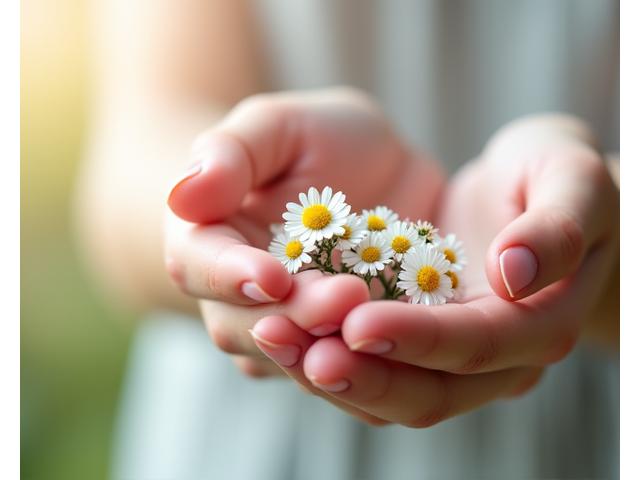 Gros plan sur des mains tenant de délicates fleurs de camomille ou de lavande, avec un bokeh doux de teintes pastel, évoquant l'équilibre hormonal féminin et le bien-être mensuel.