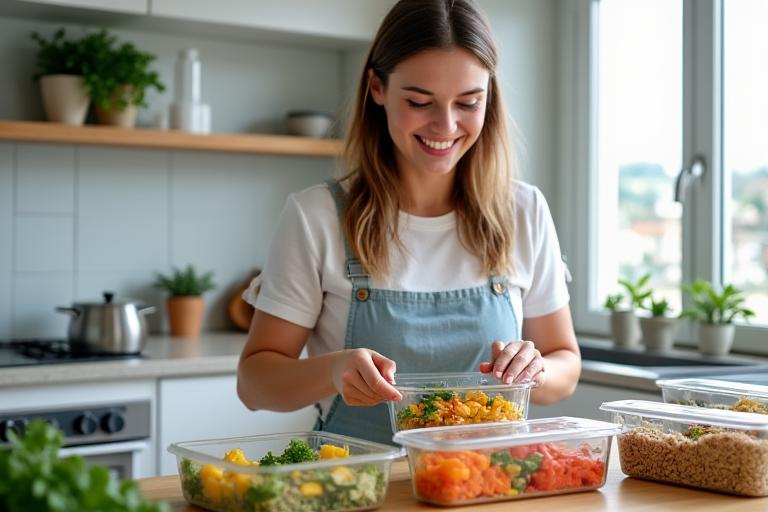 Jeune femme souriante préparant des repas sains dans des bocaux en verre transparents, avec des ingrédients frais et colorés sur un plan de travail de cuisine moderne, symbolisant le meal prep parisien.