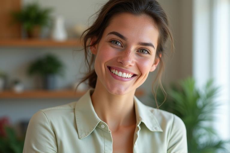 Portrait d'une nutritionniste souriante et chaleureuse, d'une trentaine d'années, dans un cabinet lumineux et apaisant, avec des éléments naturels en arrière-plan.
