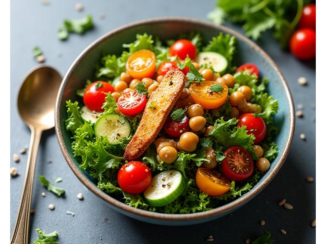 Salade gourmande et colorée avec des légumes de saison, des graines et une vinaigrette légère, présentée dans un bol stylé sur une table en bois clair.