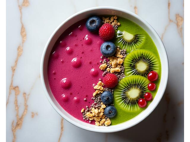 Smoothie bowl vibrant avec des fruits frais, des baies de goji et du granola, magnifiquement agencé pour un petit-déjeuner sain et photogénique.