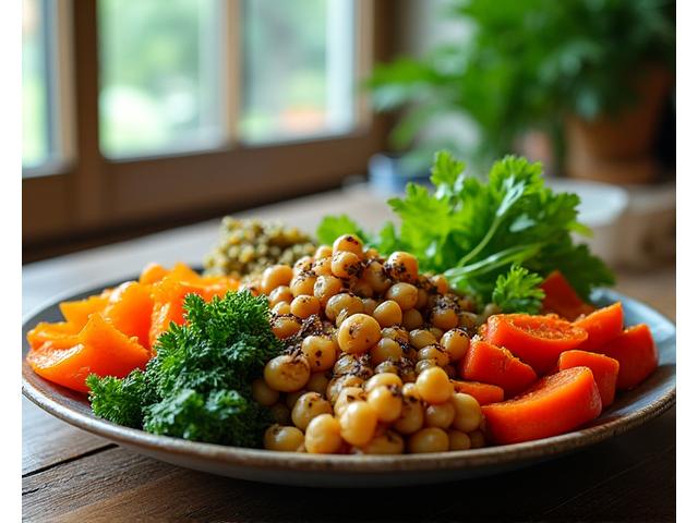 Magnifique plat végétarien ou végétalien coloré, riche en légumes, graines et légumineuses, avec une présentation artistique et un environnement naturel, évoquant la transition alimentaire douce.