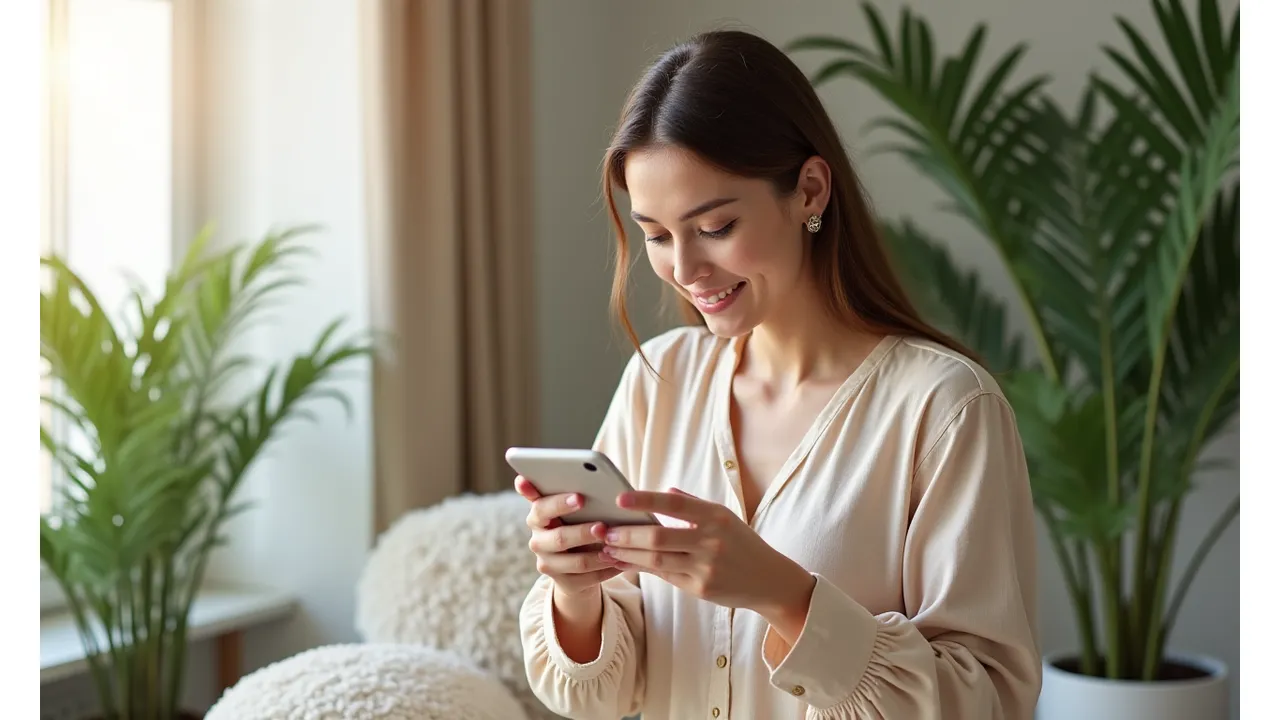Femme avec un téléphone et un ordinateur souriante dans un environnement calme