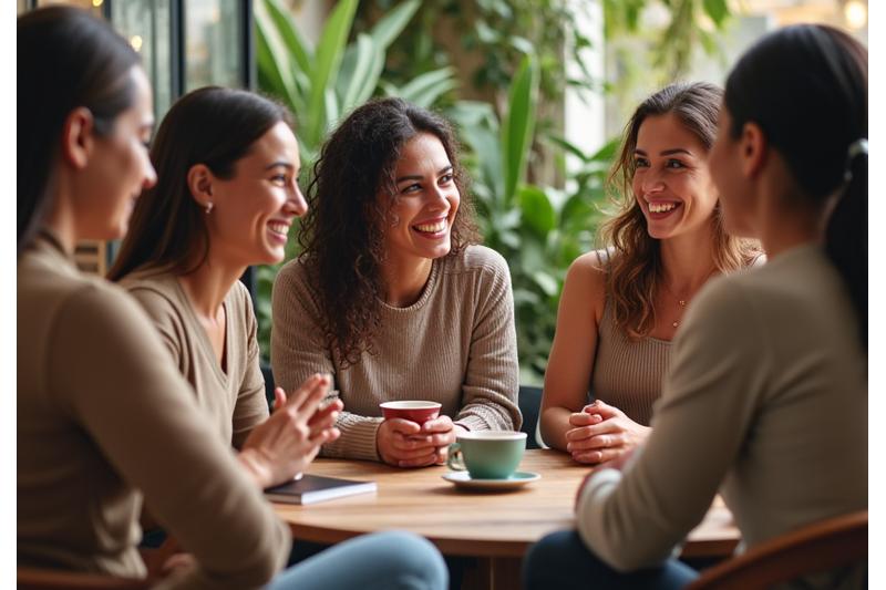 Groupe diversifié de professeurs de yoga diplômés, souriants lors d'un événement de networking, symbolisant la communauté.