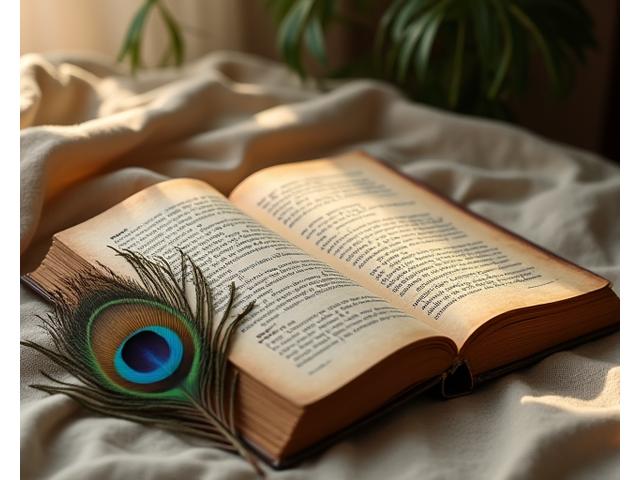 Ancien texte sanskrit ouvert sur une étoffe de soie, avec une plume à côté, baigné d'une lumière douce.