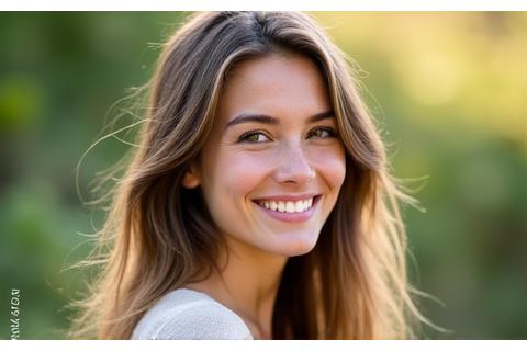 Portrait serein d'une naturopathe, femme aux cheveux longs, souriante, dans un cadre naturel.