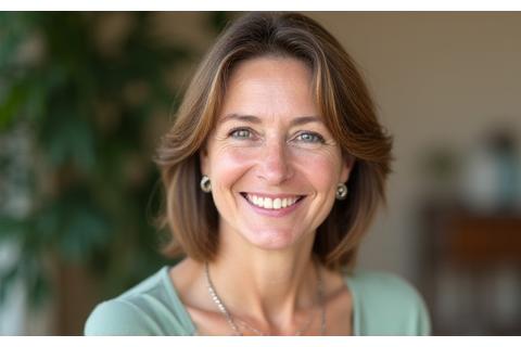 Portrait chaleureux d'une psychologue spécialisée dans le burnout, souriante et rassurante.