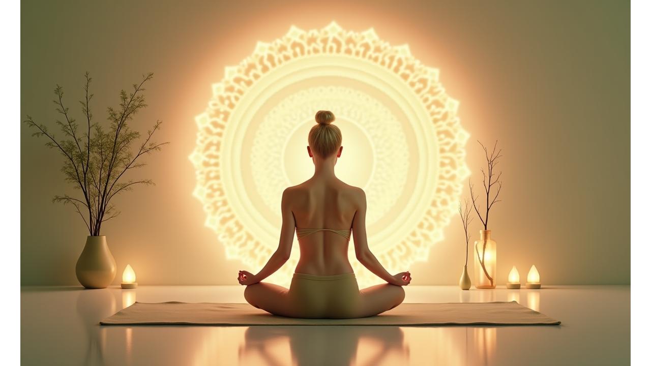 Une personne pratiquant le yoga restauratif dans un espace lumineux et serein, entourée d'éléments symbolisant la méditation, la nature et le bien-être holistique.