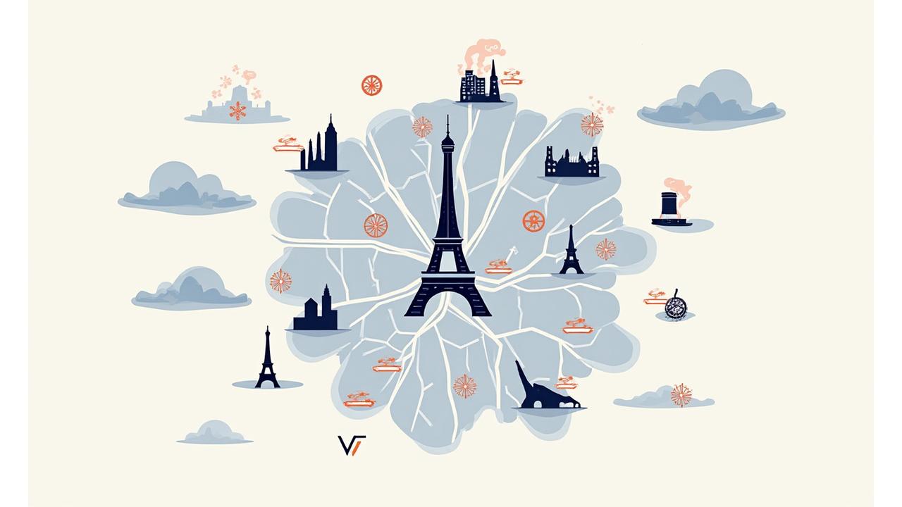 Infographie stylisée montrant les facteurs de stress urbain à Paris (pollution, bruit, transport) avec des icônes douces et une palette de couleurs apaisante.