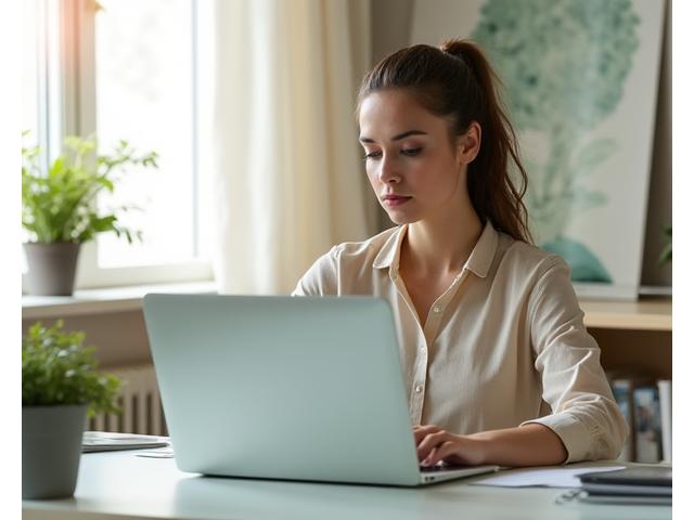 Une personne souriante et sereine travaillant sur un ordinateur portable dans un bureau moderne et lumineux, symbolisant un retour au travail équilibré après un burnout.