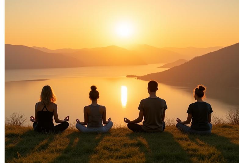 Un groupe de personnes pratiquant le yoga en extérieur lors d'une retraite, avec un paysage naturel apaisant en arrière-plan.