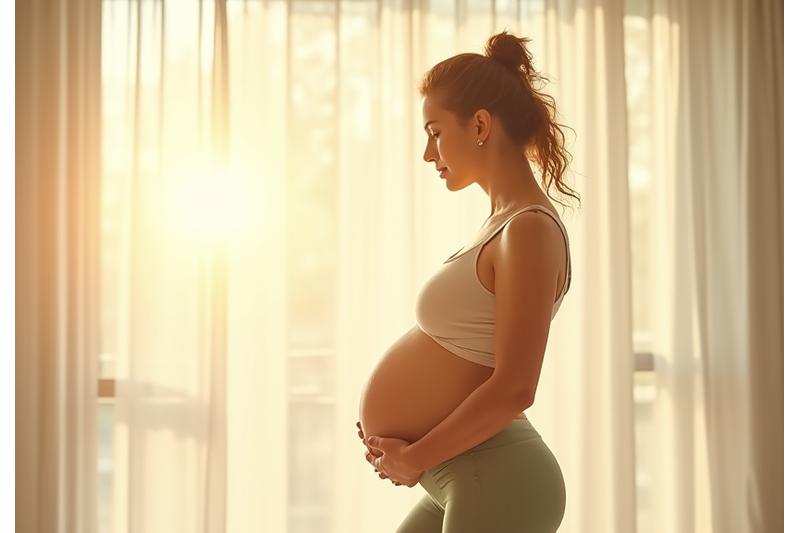 Une femme enceinte rayonnante pratiquant une posture de yoga douce dans un environnement apaisant, symbolisant le bien-être prénatal.