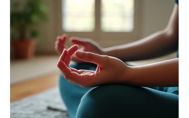 Personne en méditation assise, mains jointes, dans un espace calme et naturel