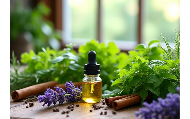 Herbes médicinales et flacons d'huiles essentielles, symboles de la naturopathie