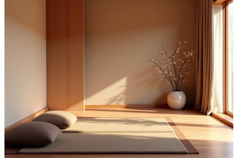 Salle de méditation paisible avec coussins et lumières tamisées