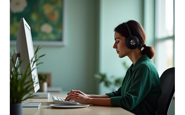 Personne pratiquant la pleine conscience au bureau avec des écouteurs