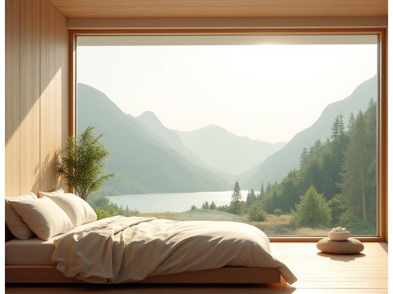 Chambre d'hôtel de style zen avec de grandes fenêtres donnant sur un paysage naturel apaisant.
