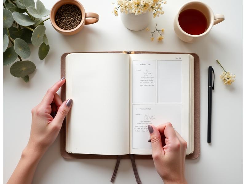 Une main féminine écrivant sur un carnet à côté d'une tablette affichant un calendrier, symbolisant la planification et la préparation.