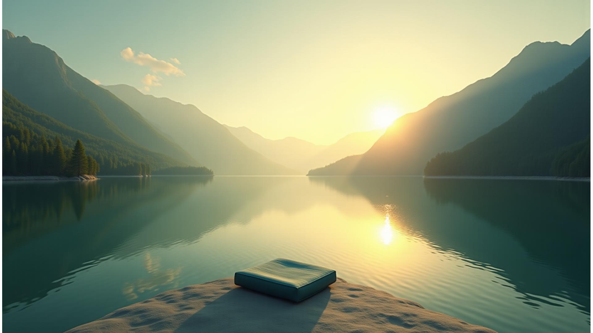 Vue panoramique d'un paysage montagneux serein avec un lac au lever du soleil