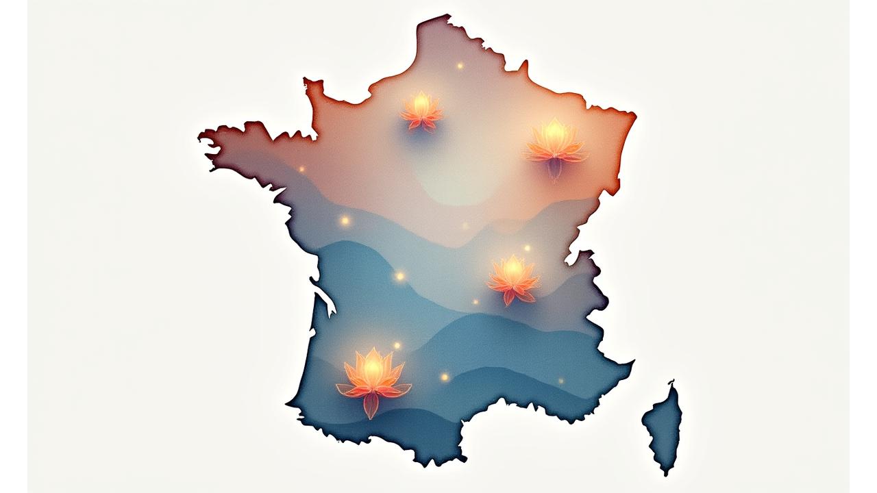 Carte interactive de la France montrant des points de retraite dans des régions variées comme les montagnes, la côte, et la campagne verdoyante.
