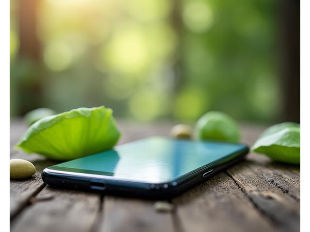 Téléphone à l'envers sur une table en bois avec des feuilles de lotus, symbolisant une détox numérique.