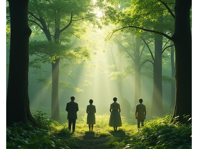 Un groupe de personnes pratiquant la méditation Shinrin-Yoku (bain de forêt) dans une forêt luxuriante et ensoleillée.