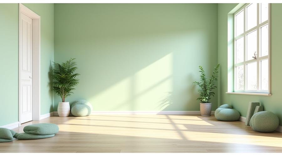 Vue panoramique de l'intérieur lumineux du studio de yoga Lotus Lumière à Paris, avec tapis alignés, beaucoup de lumière naturelle et une décoration zen.