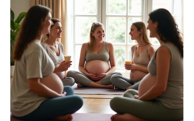 Groupe de femmes enceintes souriantes et solidaires lors d'un atelier, symbolisant la communauté et le soutien mutuel