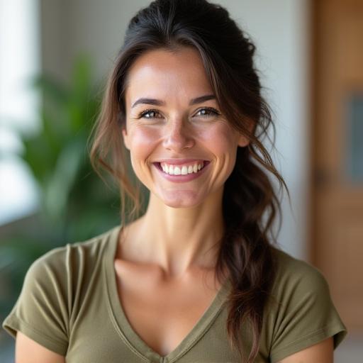 Portrait chaleureux d'une instructrice de yoga souriante et bienveillante, dans un studio lumineux