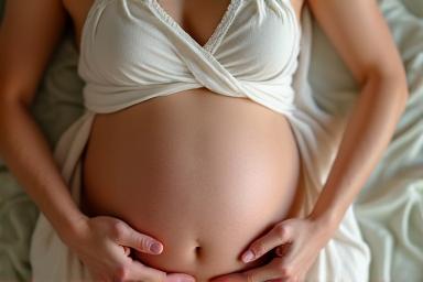 Femme enceinte reposant paisiblement sur un tapis de yoga, main sur le ventre, symbolisant le premier trimestre de grossesse