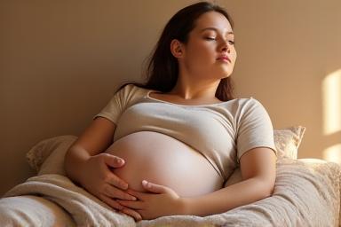 Femme enceinte dans une posture de relaxation profonde, illustrant la préparation à l'accouchement et le soulagement du troisième trimestre